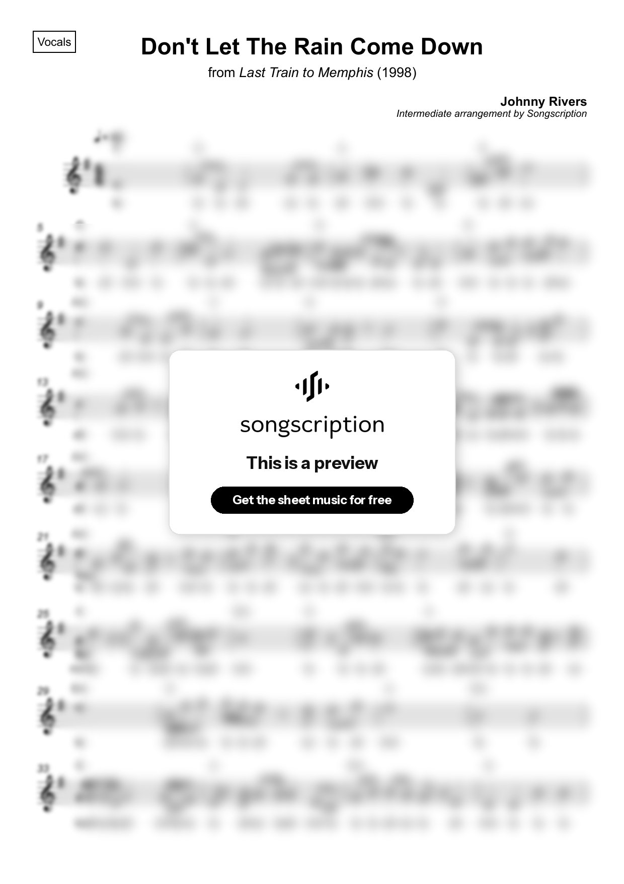 Intermediate Vocals Sheet Music for "Don't Let The Rain Come Down" by Johnny Rivers