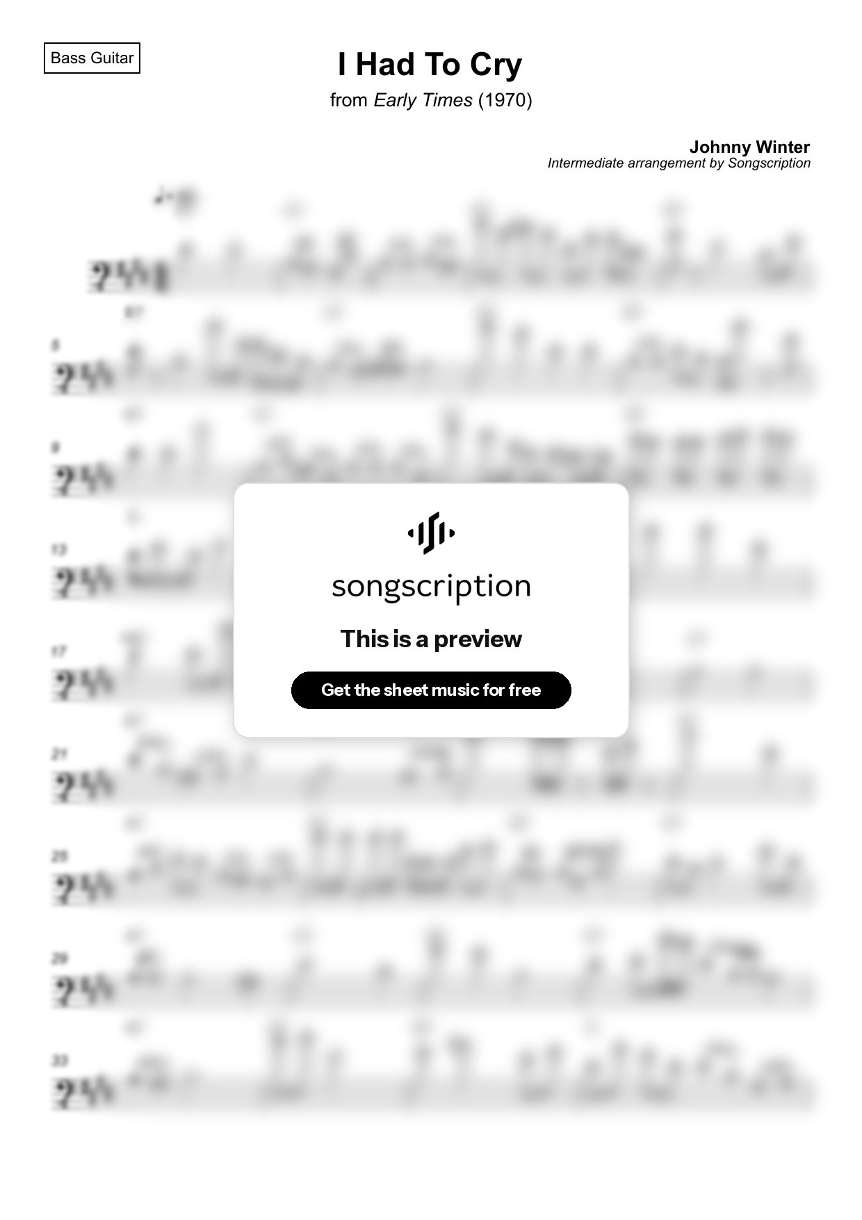 Intermediate Bass Guitar Sheet Music for "I Had To Cry" by Johnny Winter