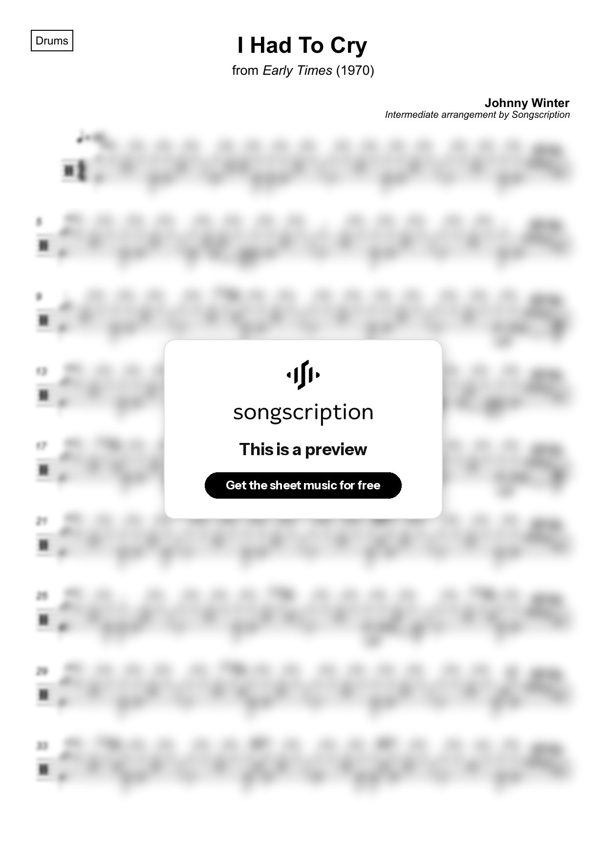 Intermediate Drums Sheet Music for "I Had To Cry" by Johnny Winter