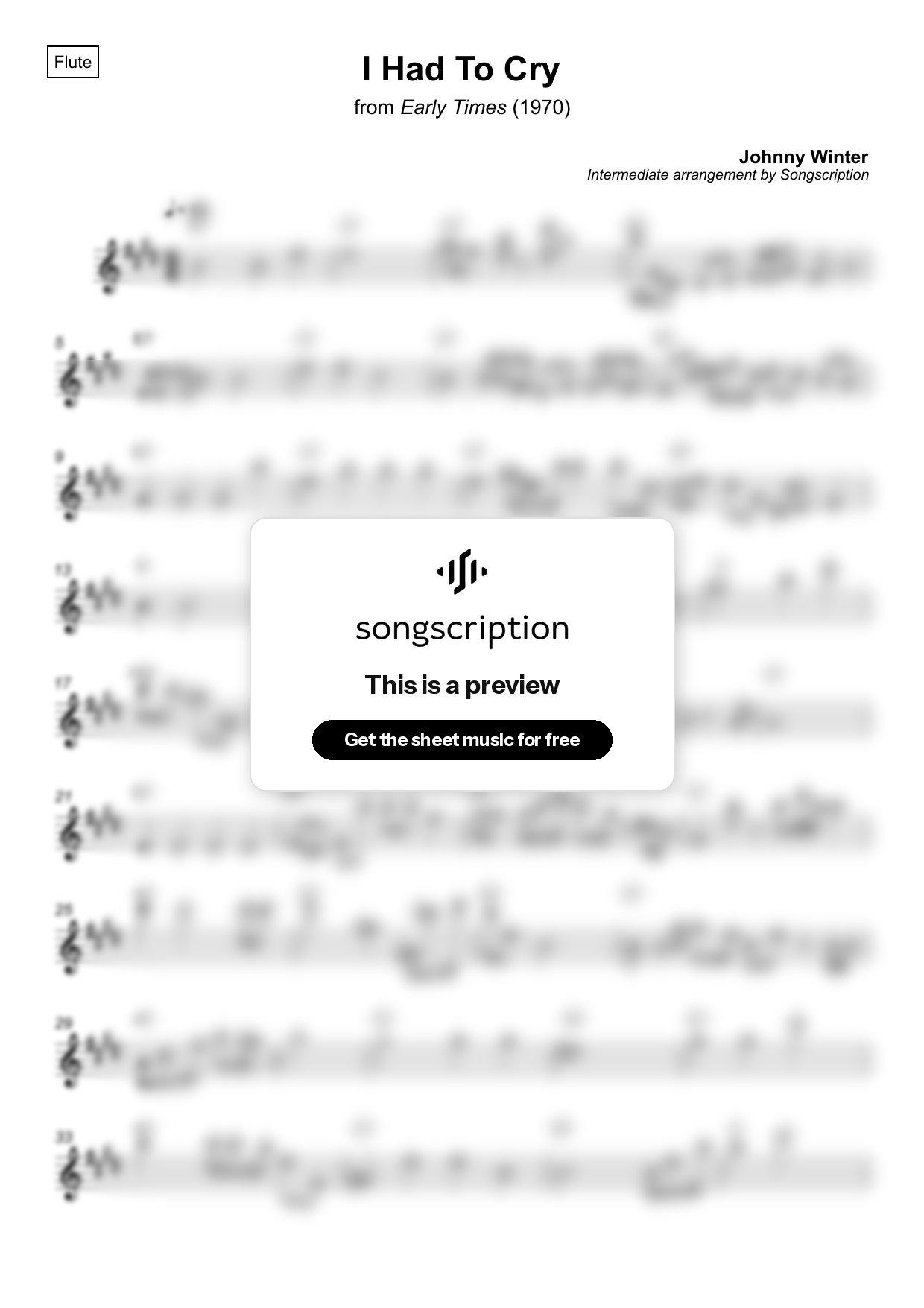 Intermediate Flute Sheet Music for "I Had To Cry" by Johnny Winter