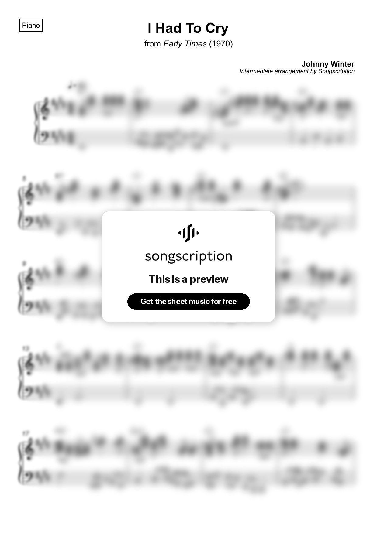 Intermediate Piano Sheet Music for "I Had To Cry" by Johnny Winter