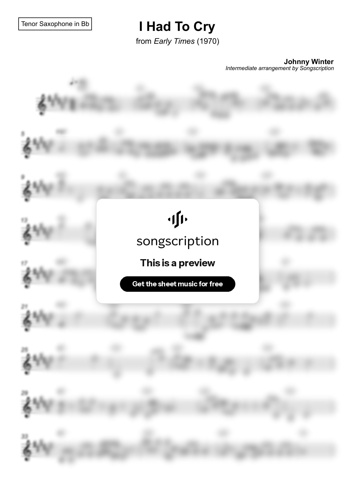 Intermediate Tenor Sax Sheet Music for "I Had To Cry" by Johnny Winter