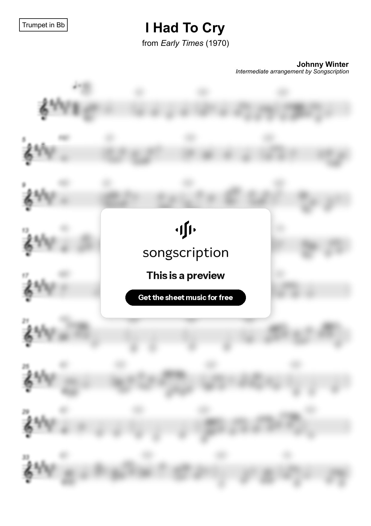 Intermediate Trumpet Sheet Music for "I Had To Cry" by Johnny Winter