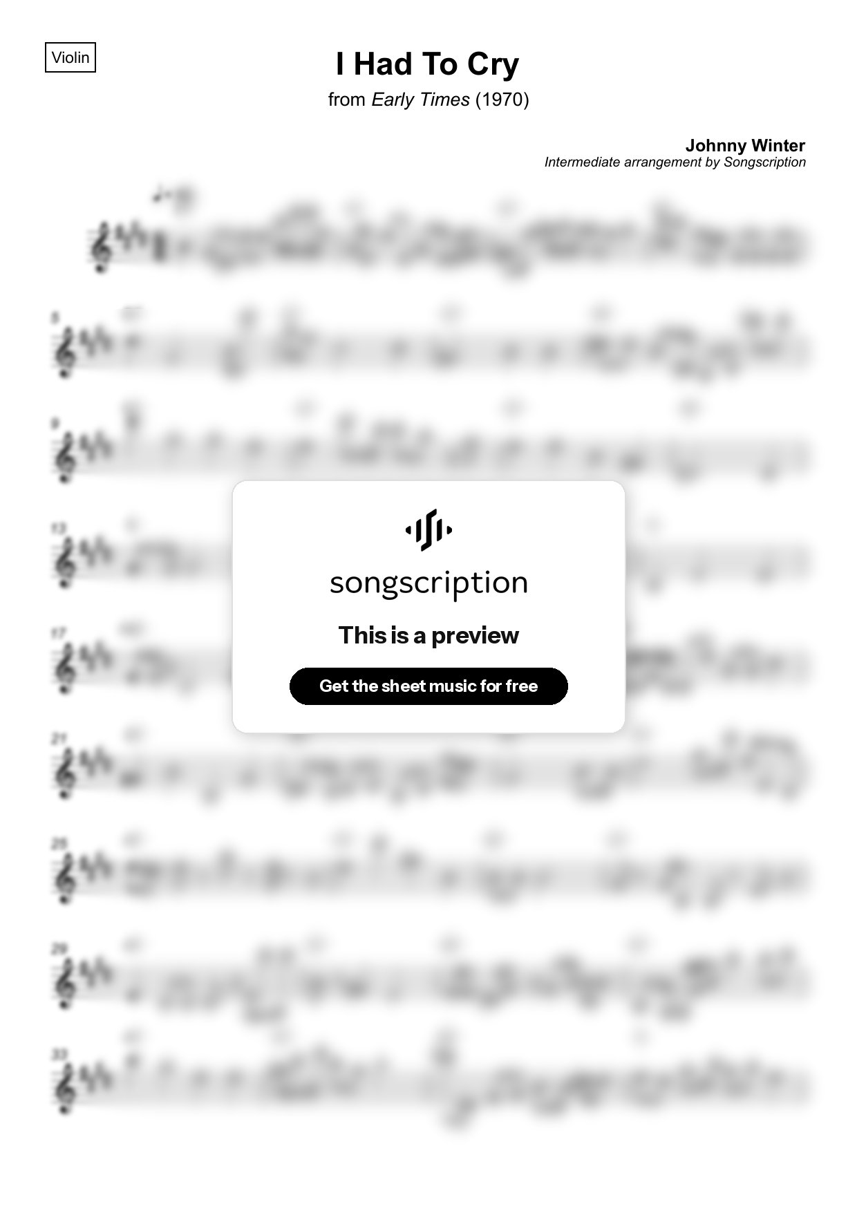 Intermediate Violin Sheet Music for "I Had To Cry" by Johnny Winter