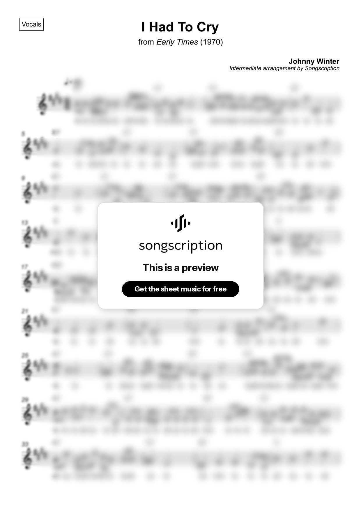 Intermediate Vocals Sheet Music for "I Had To Cry" by Johnny Winter