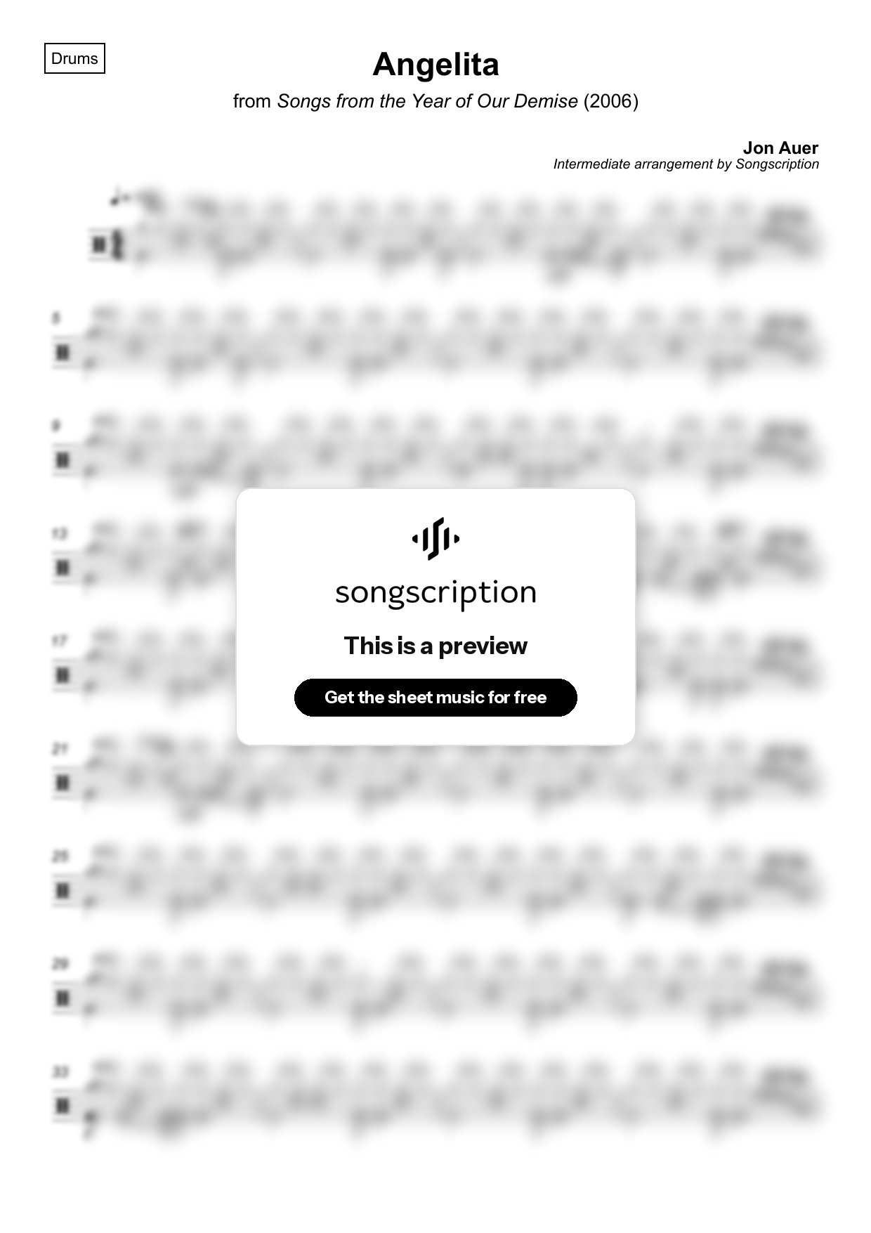 Intermediate Drums Sheet Music for "Angelita" by Jon Auer