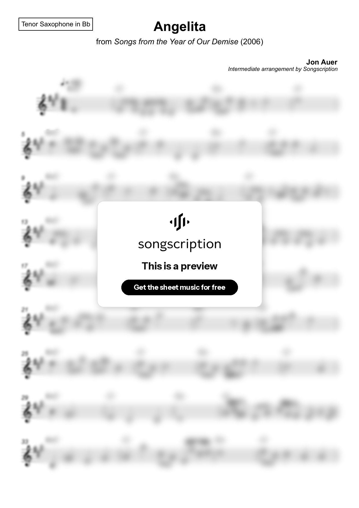 Intermediate Tenor Sax Sheet Music for "Angelita" by Jon Auer