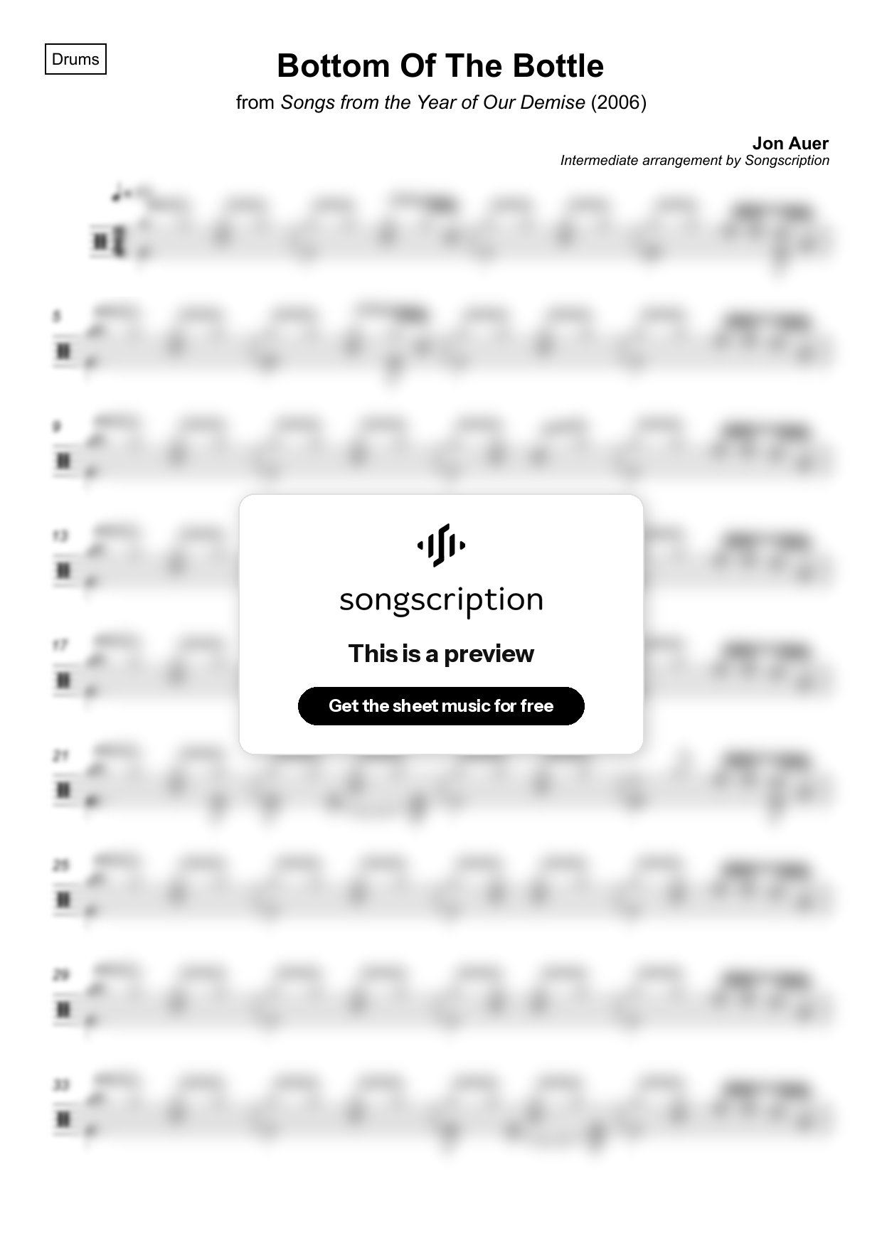 Intermediate Drums Sheet Music for "Bottom Of The Bottle" by Jon Auer