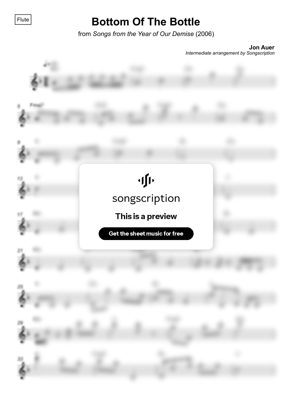 Intermediate Flute Sheet Music for "Bottom Of The Bottle" by Jon Auer