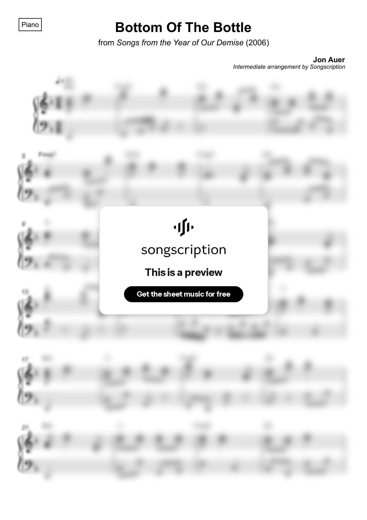 Intermediate Piano Sheet Music for "Bottom Of The Bottle" by Jon Auer