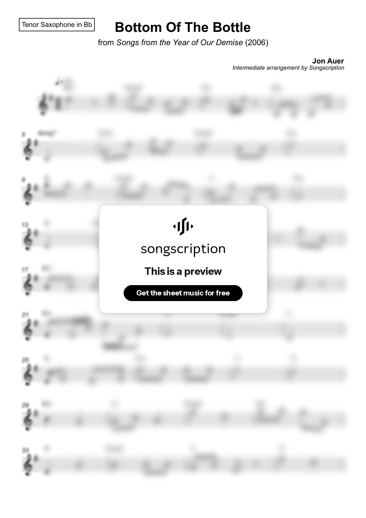 Intermediate Tenor Sax Sheet Music for "Bottom Of The Bottle" by Jon Auer