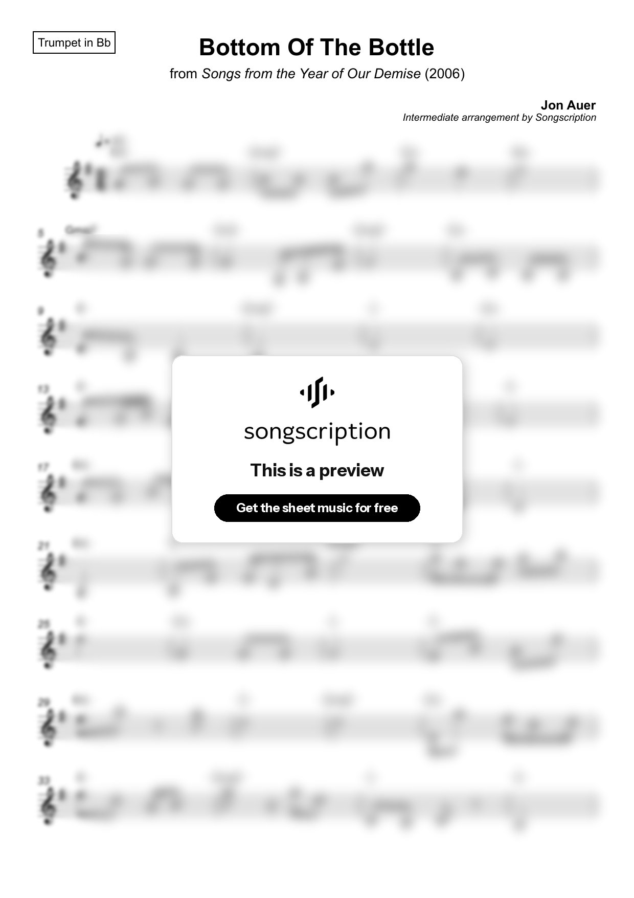 Intermediate Trumpet Sheet Music for "Bottom Of The Bottle" by Jon Auer