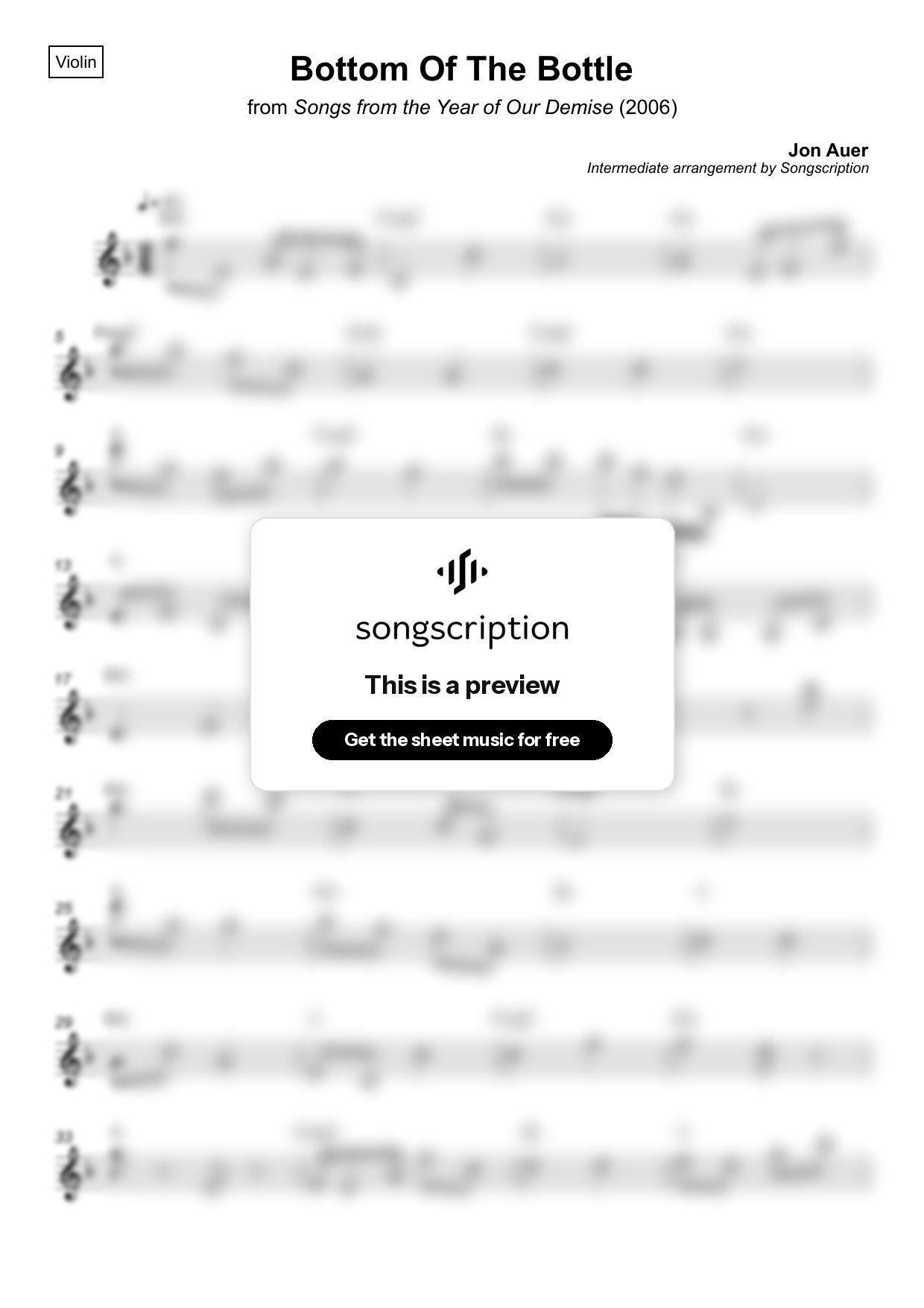 Intermediate Violin Sheet Music for "Bottom Of The Bottle" by Jon Auer