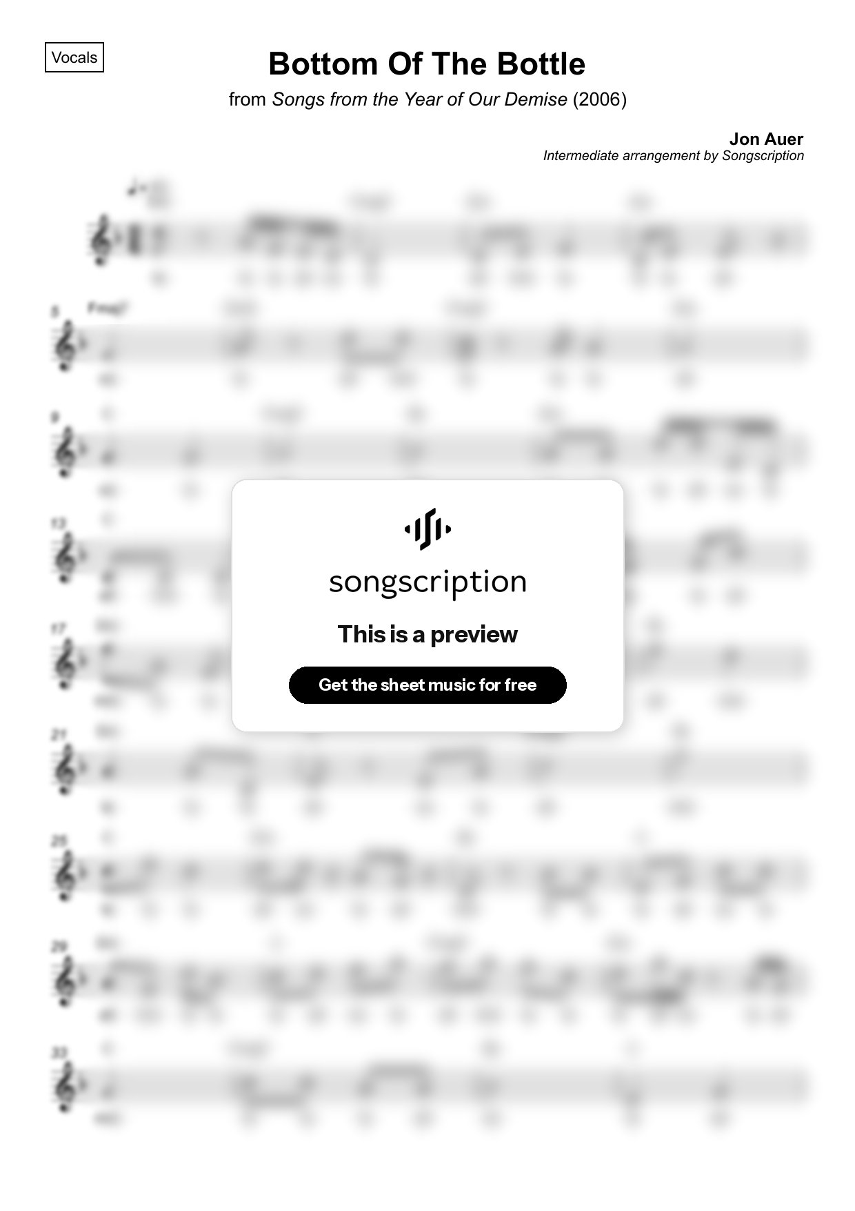 Intermediate Vocals Sheet Music for "Bottom Of The Bottle" by Jon Auer
