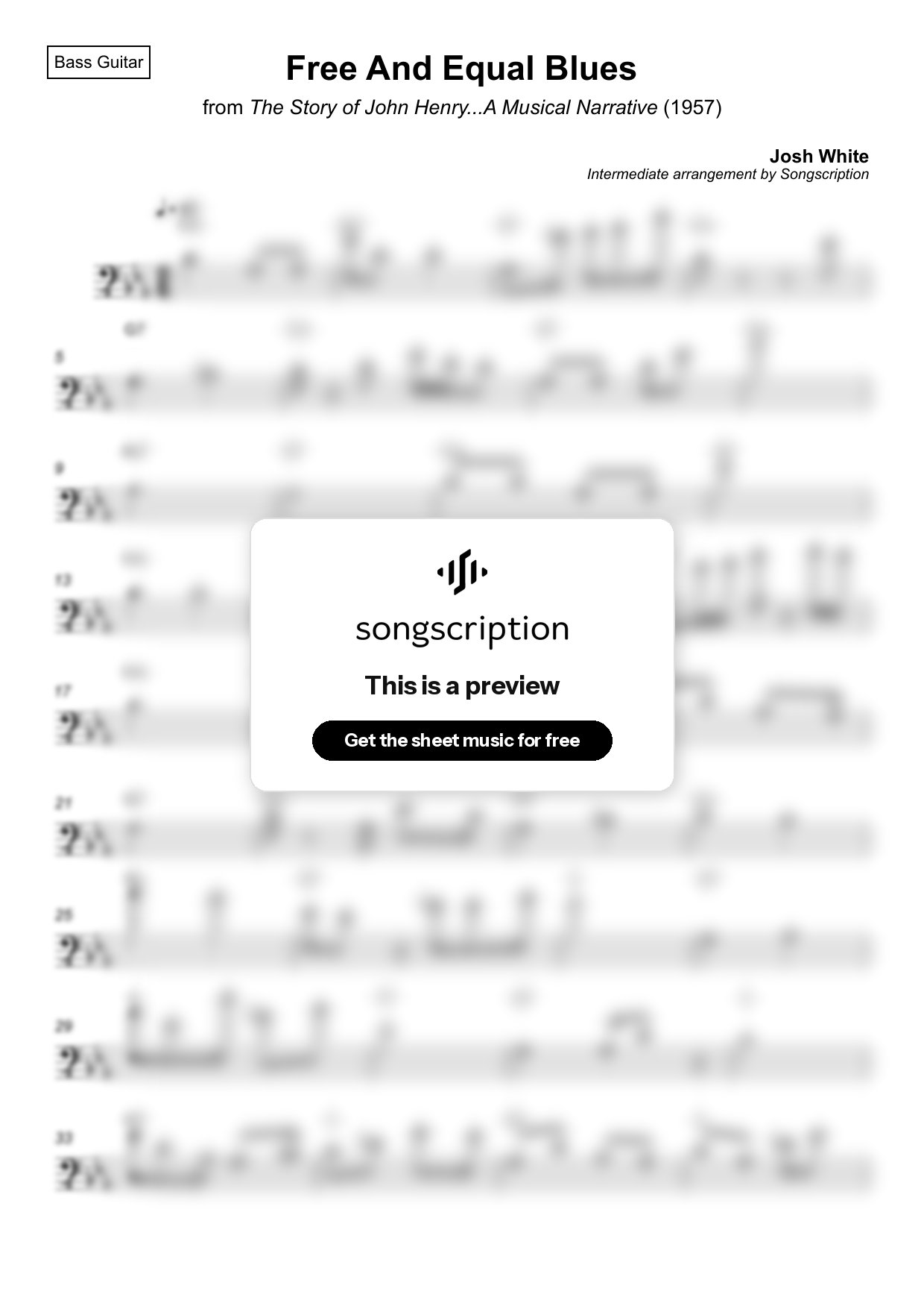 Intermediate Bass Guitar Sheet Music for "Free And Equal Blues" by Josh White
