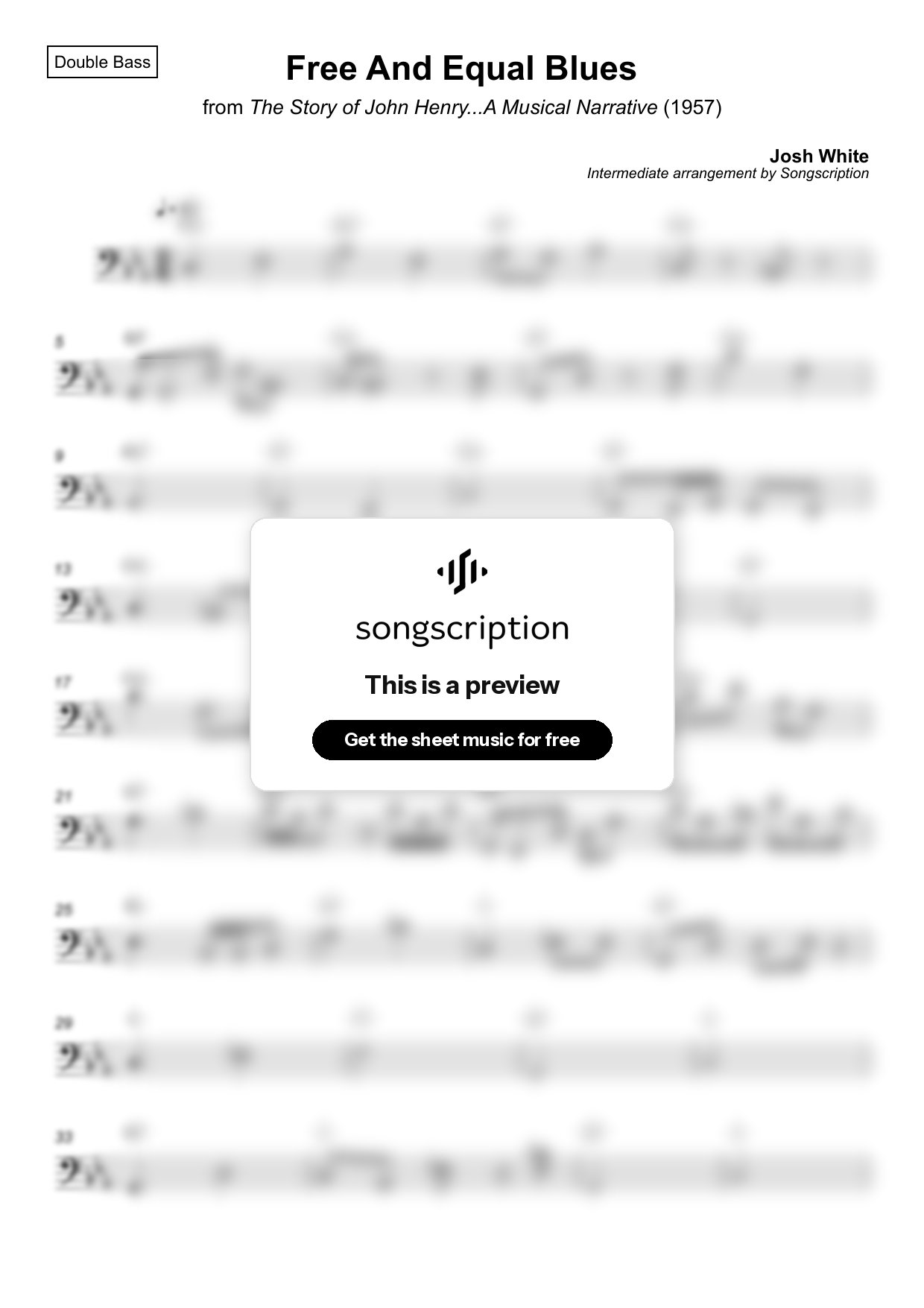 Intermediate Double Bass Sheet Music for "Free And Equal Blues" by Josh White