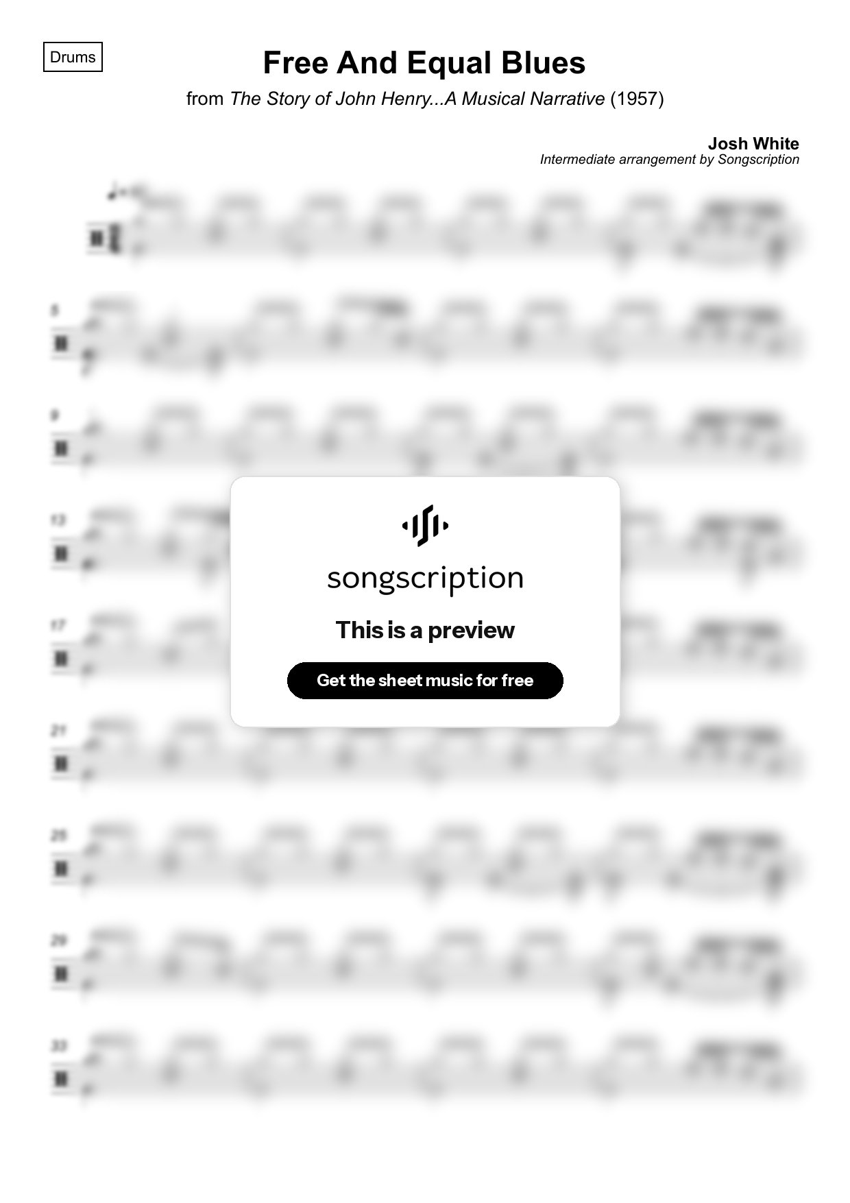 Intermediate Drums Sheet Music for "Free And Equal Blues" by Josh White