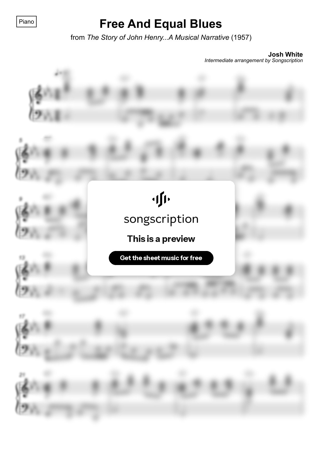 Intermediate Piano Sheet Music for "Free And Equal Blues" by Josh White
