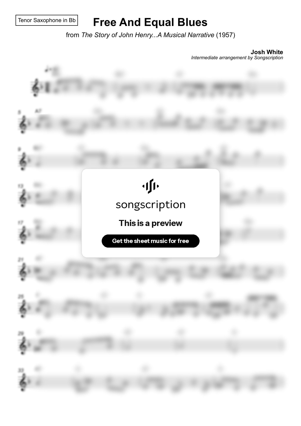 Intermediate Tenor Sax Sheet Music for "Free And Equal Blues" by Josh White