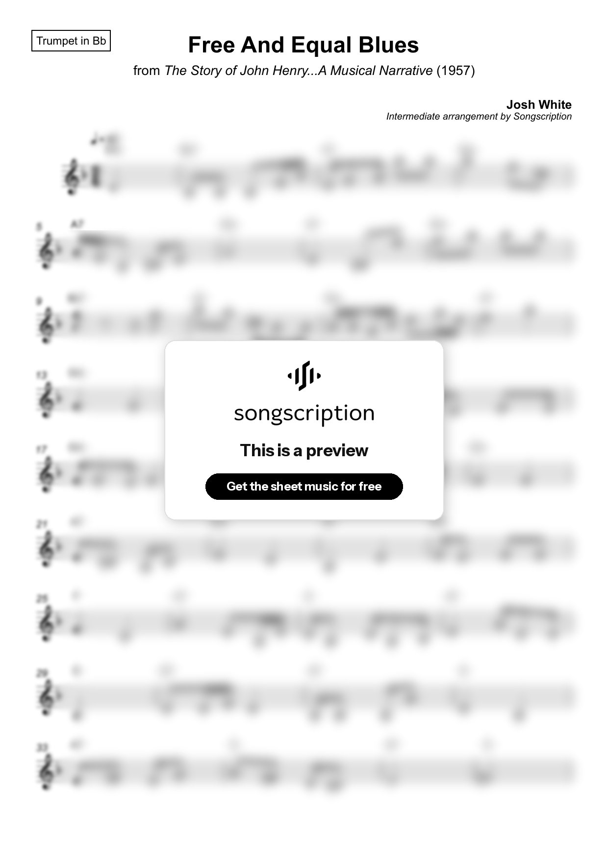 Intermediate Trumpet Sheet Music for "Free And Equal Blues" by Josh White