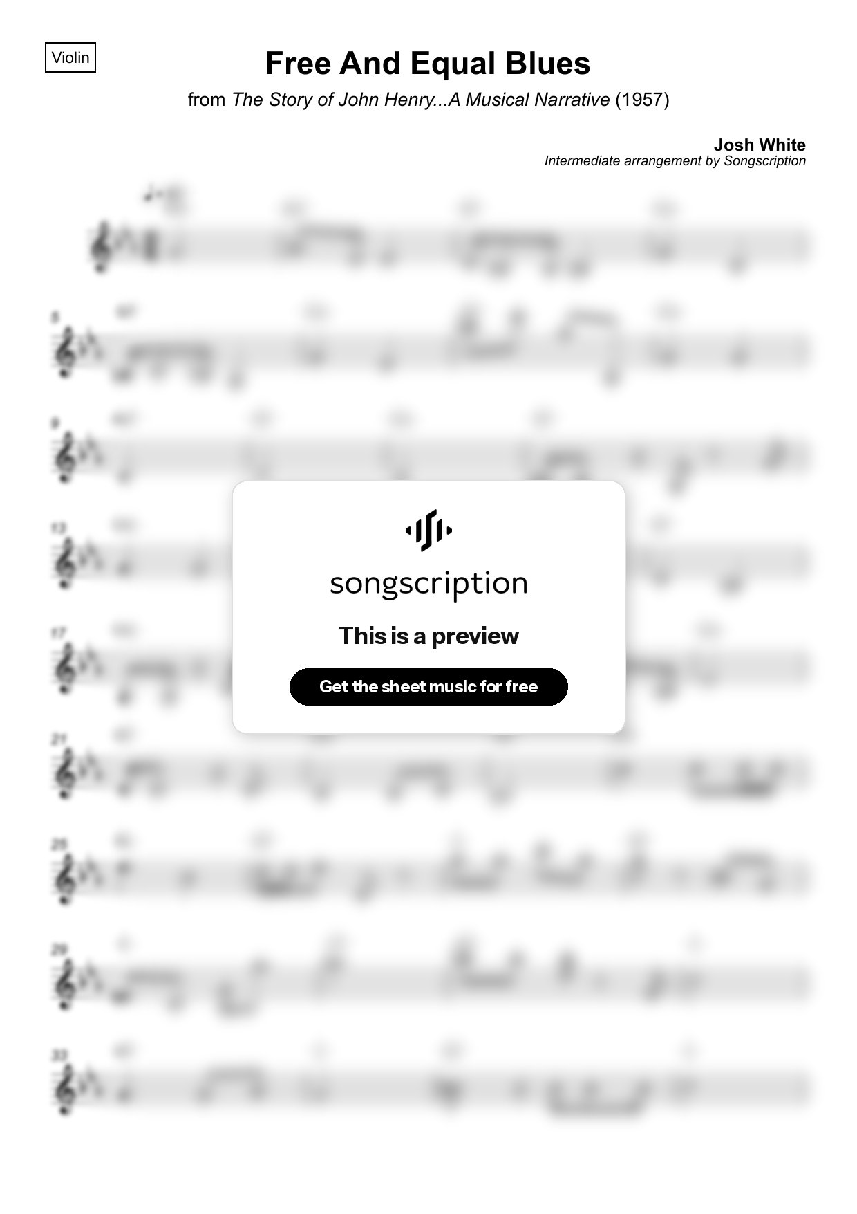 Intermediate Violin Sheet Music for "Free And Equal Blues" by Josh White