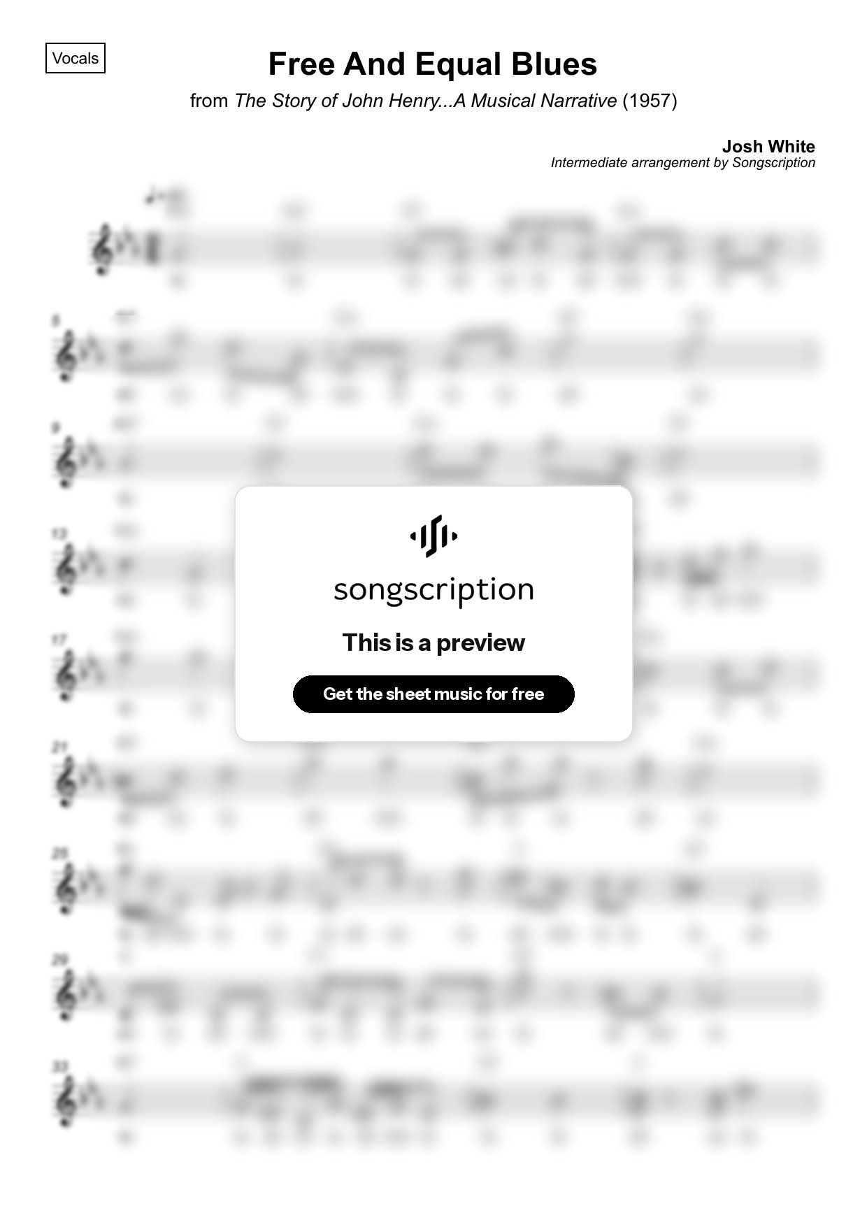 Intermediate Vocals Sheet Music for "Free And Equal Blues" by Josh White
