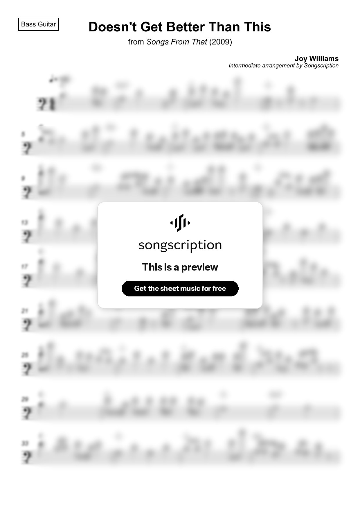 Intermediate Bass Guitar Sheet Music for "Doesn't Get Better Than This" by Joy Williams