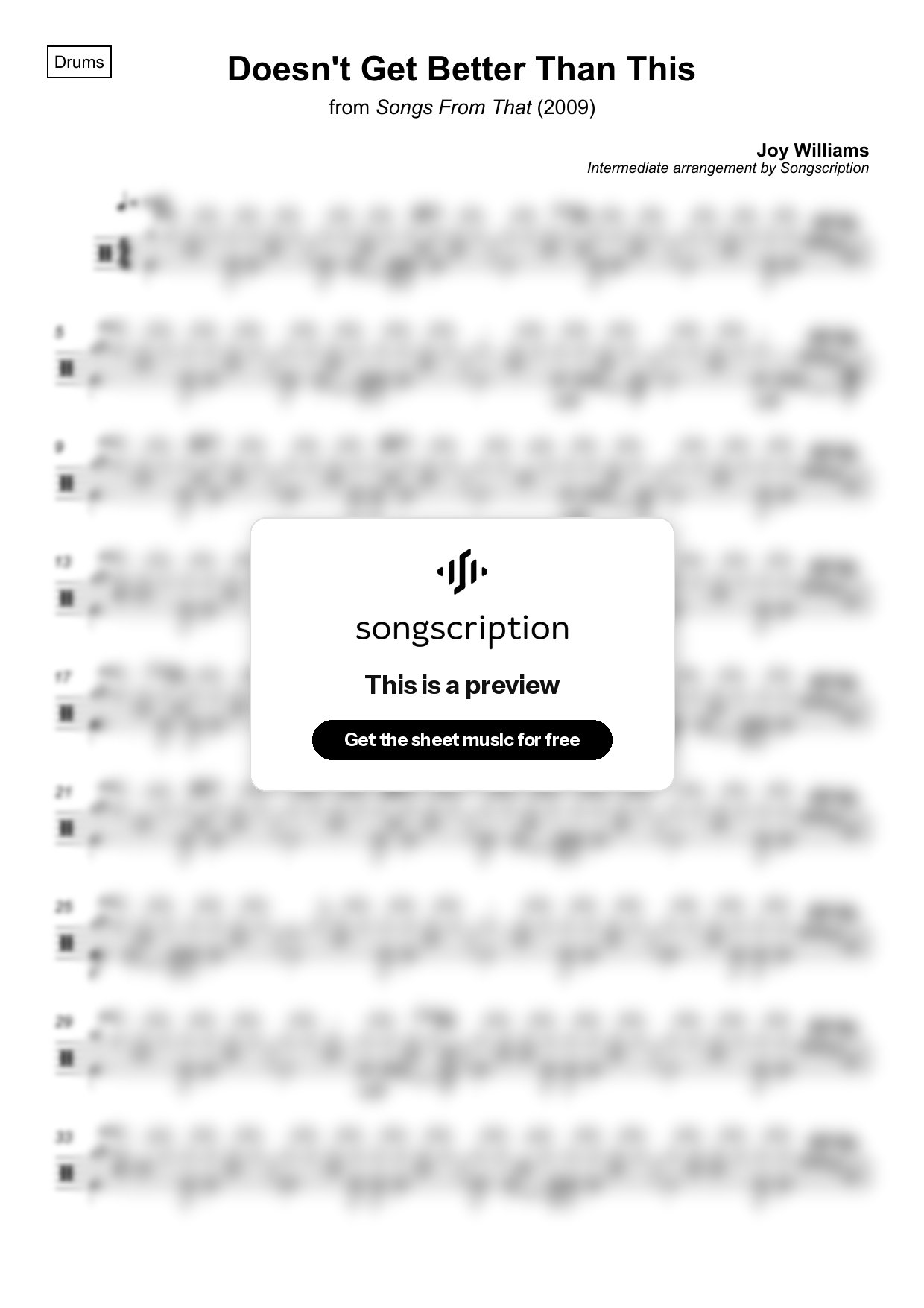 Intermediate Drums Sheet Music for "Doesn't Get Better Than This" by Joy Williams
