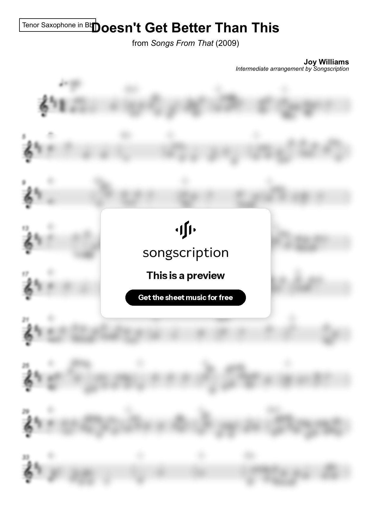 Intermediate Tenor Sax Sheet Music for "Doesn't Get Better Than This" by Joy Williams