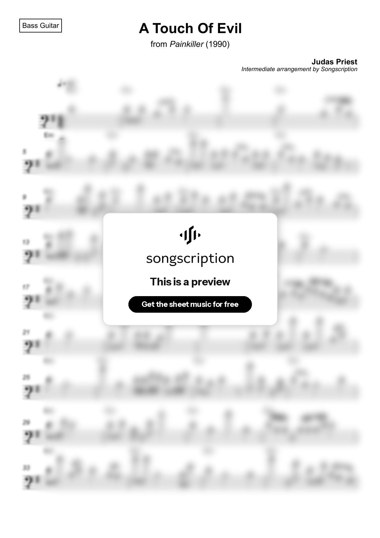 Intermediate Bass Guitar Sheet Music for "A Touch Of Evil" by Judas Priest