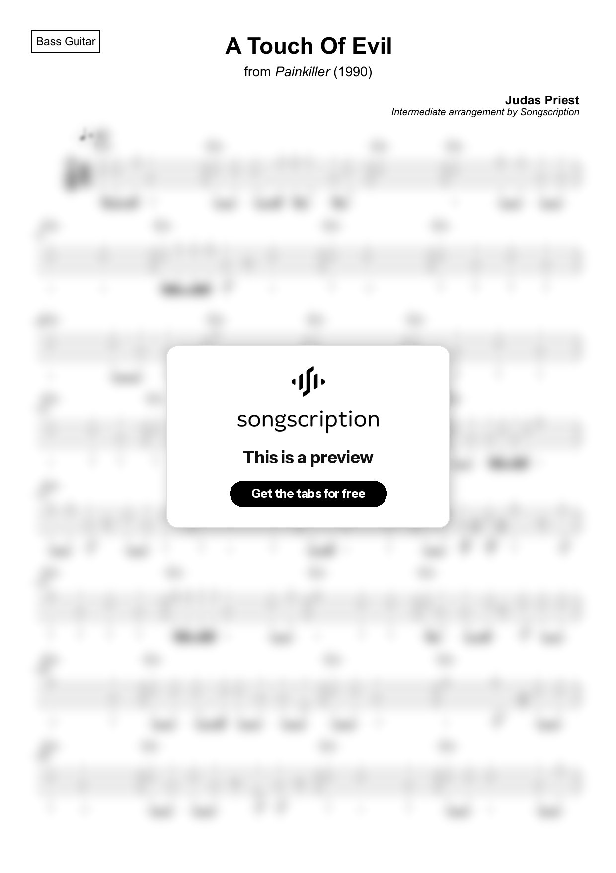 Intermediate Bass Guitar Tabs for "A Touch Of Evil" by Judas Priest