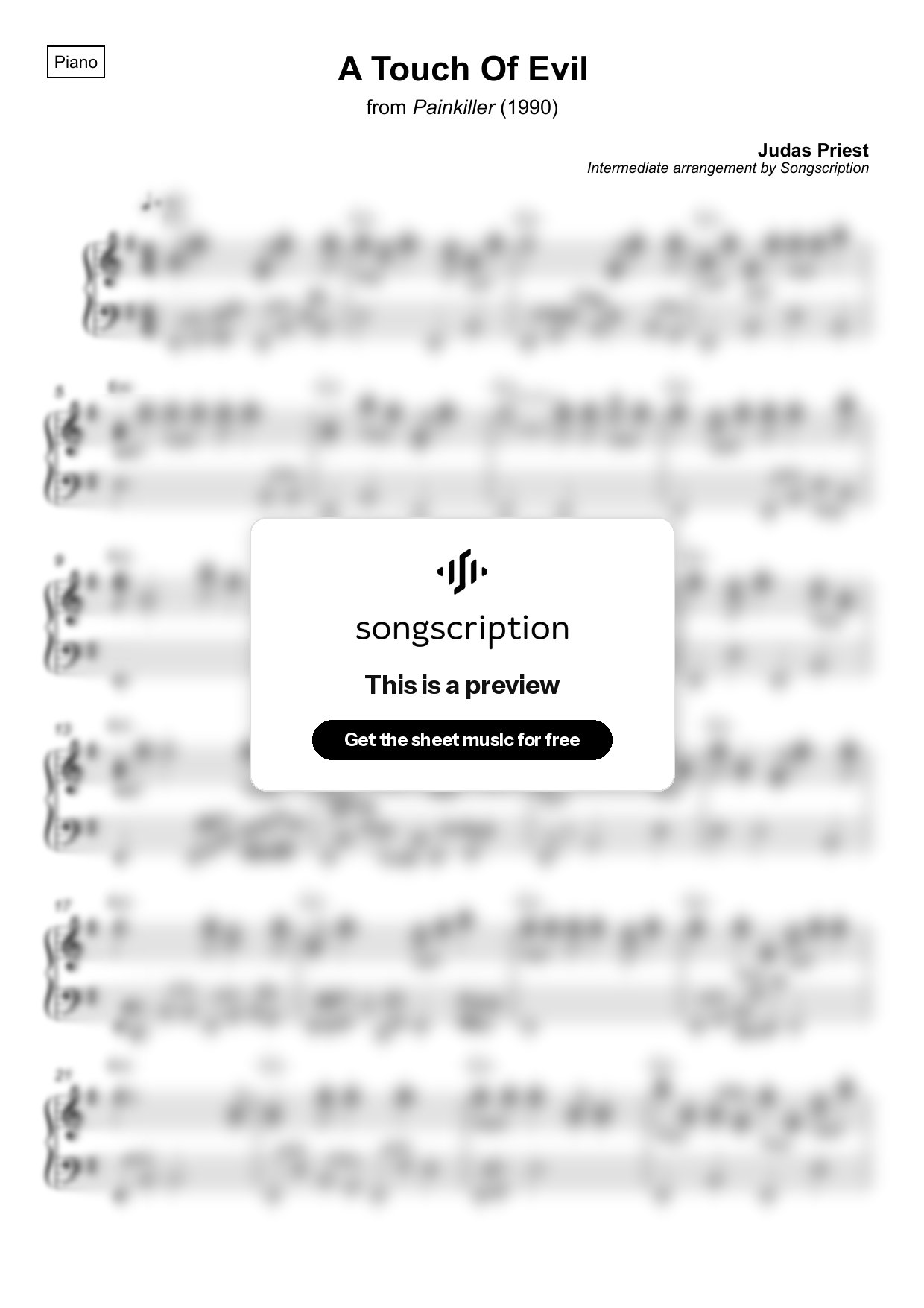 Intermediate Piano Sheet Music for "A Touch Of Evil" by Judas Priest