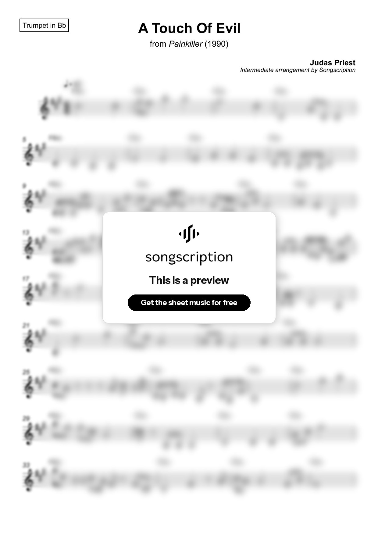 Intermediate Trumpet Sheet Music for "A Touch Of Evil" by Judas Priest