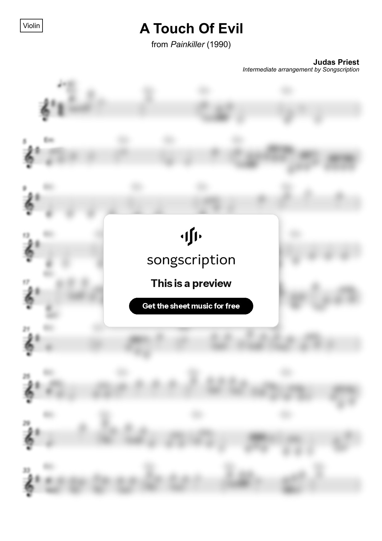 Intermediate Violin Sheet Music for "A Touch Of Evil" by Judas Priest