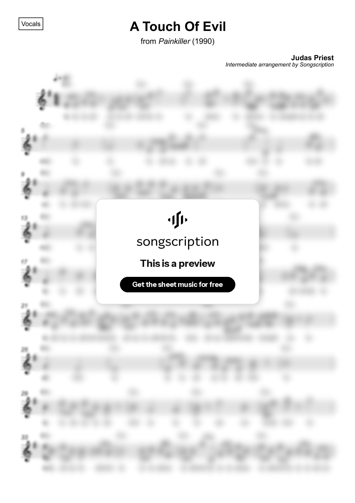 Intermediate Vocals Sheet Music for "A Touch Of Evil" by Judas Priest