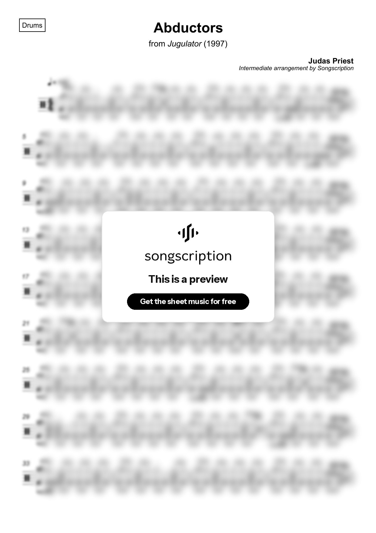 Intermediate Drums Sheet Music for "Abductors" by Judas Priest