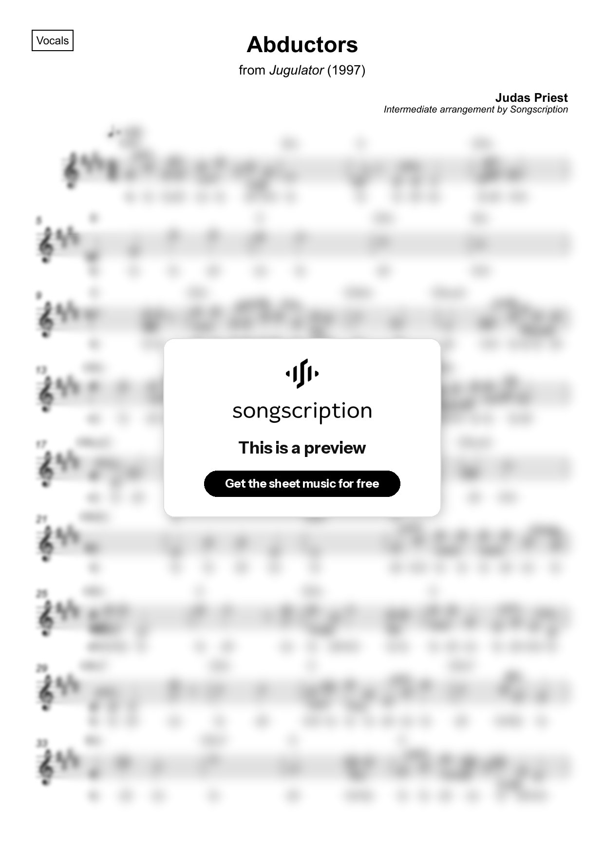 Intermediate Vocals Sheet Music for "Abductors" by Judas Priest