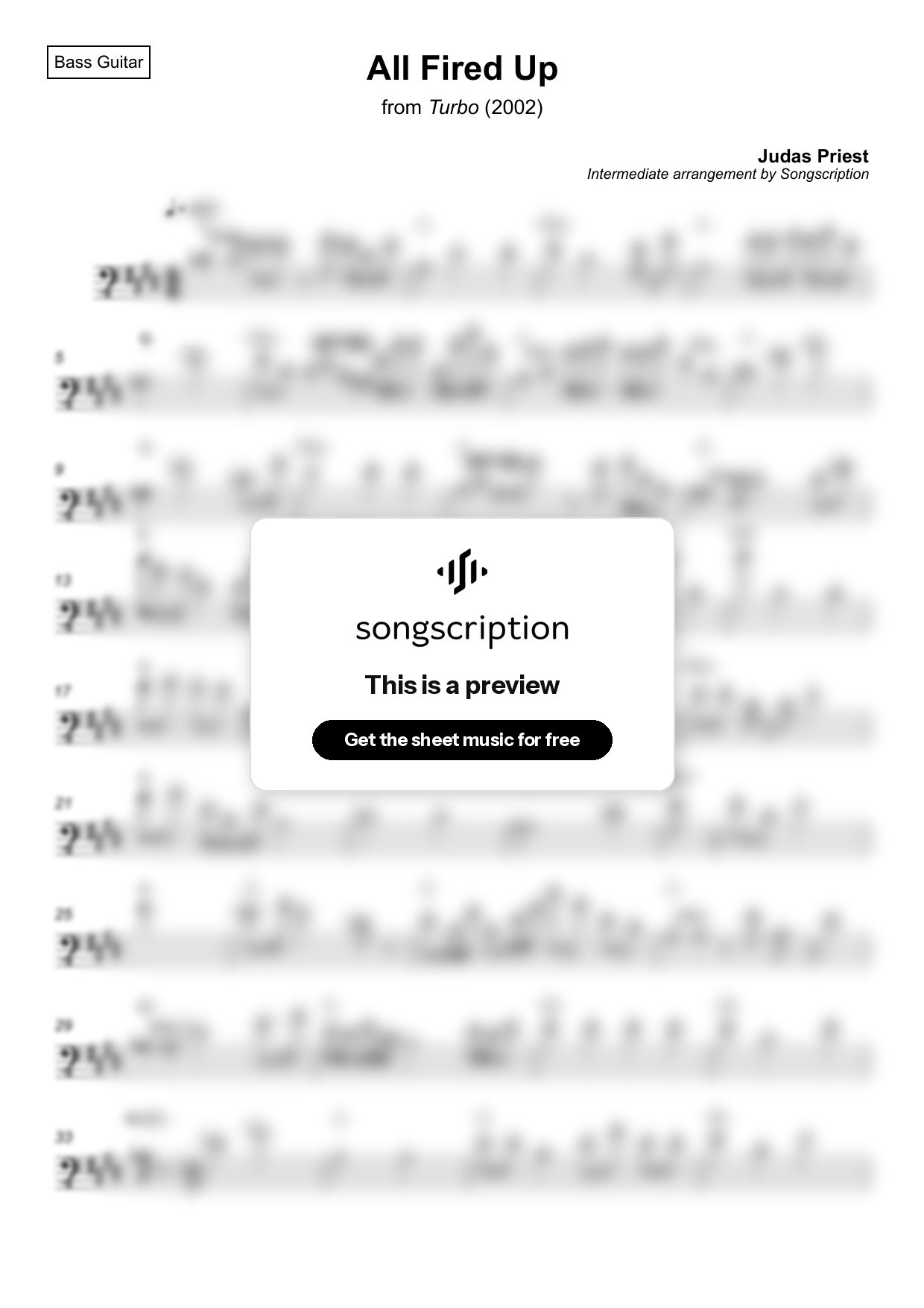 Intermediate Bass Guitar Sheet Music for "All Fired Up" by Judas Priest