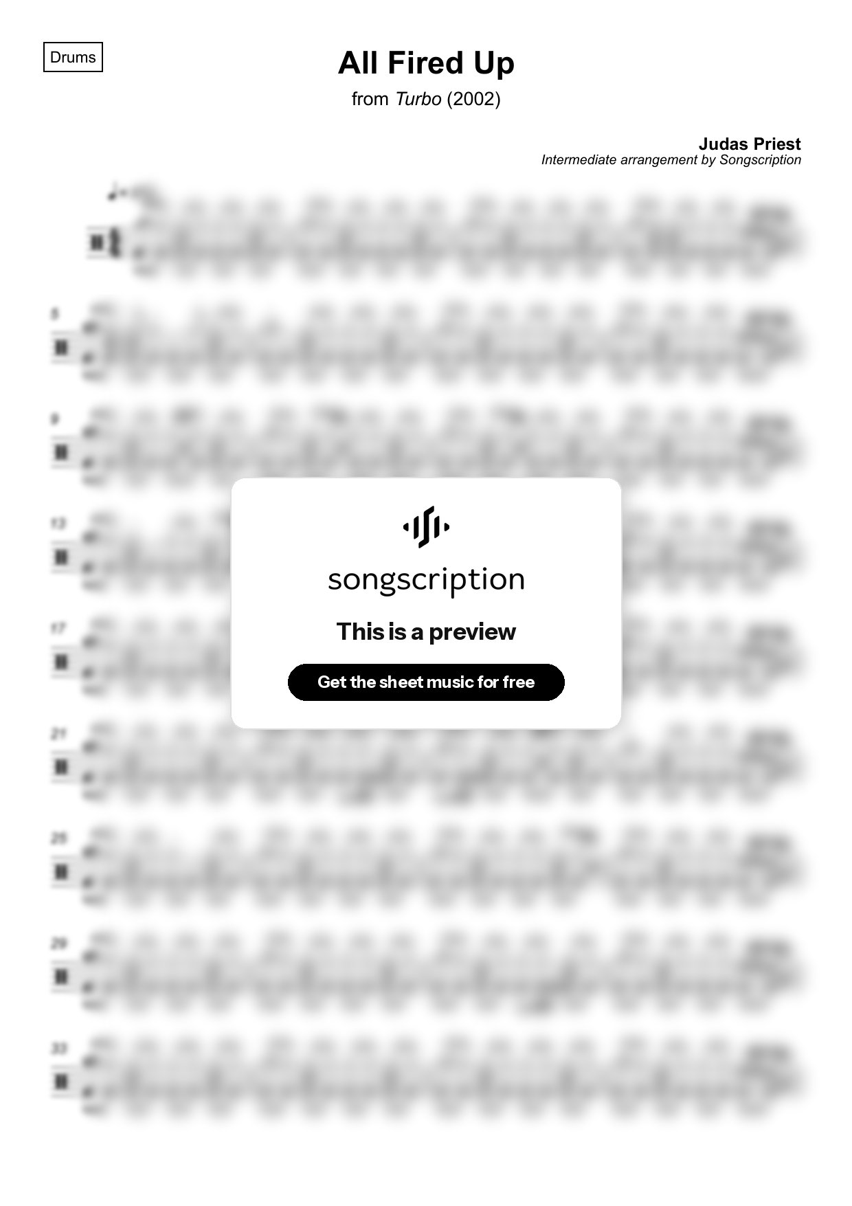 Intermediate Drums Sheet Music for "All Fired Up" by Judas Priest