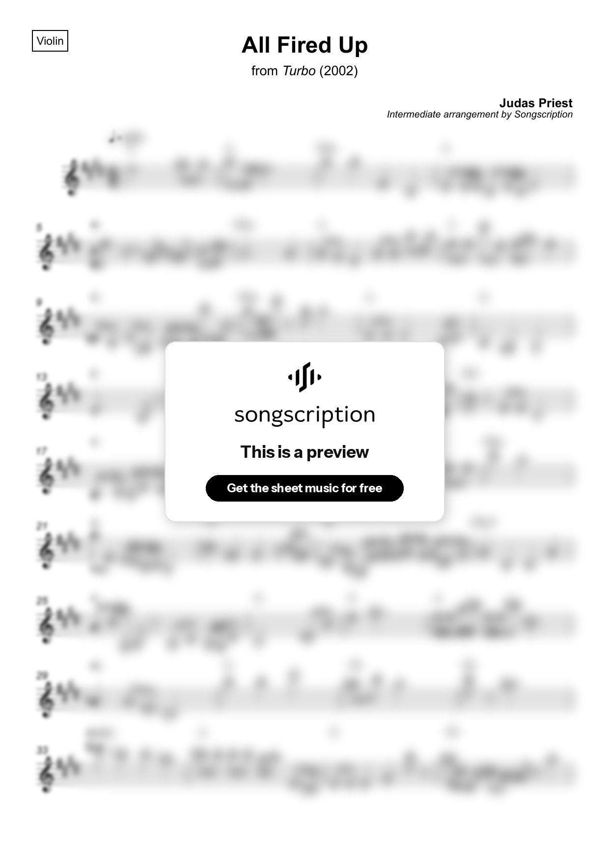 Intermediate Violin Sheet Music for "All Fired Up" by Judas Priest