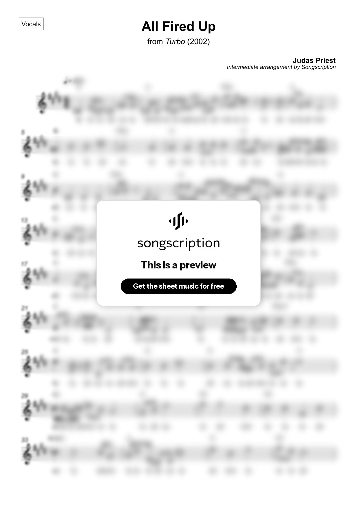 Intermediate Vocals Sheet Music for "All Fired Up" by Judas Priest