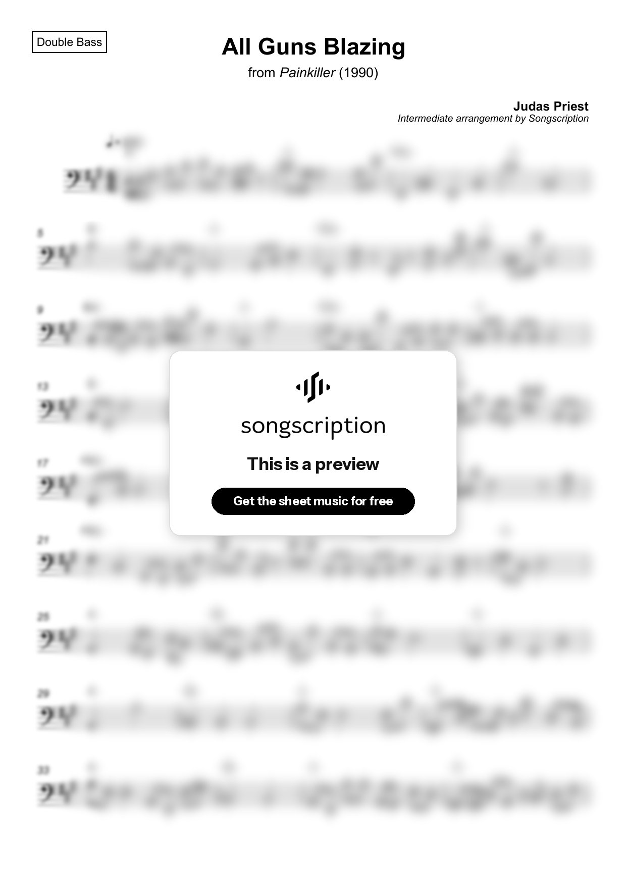 Intermediate Double Bass Sheet Music for "All Guns Blazing" by Judas Priest