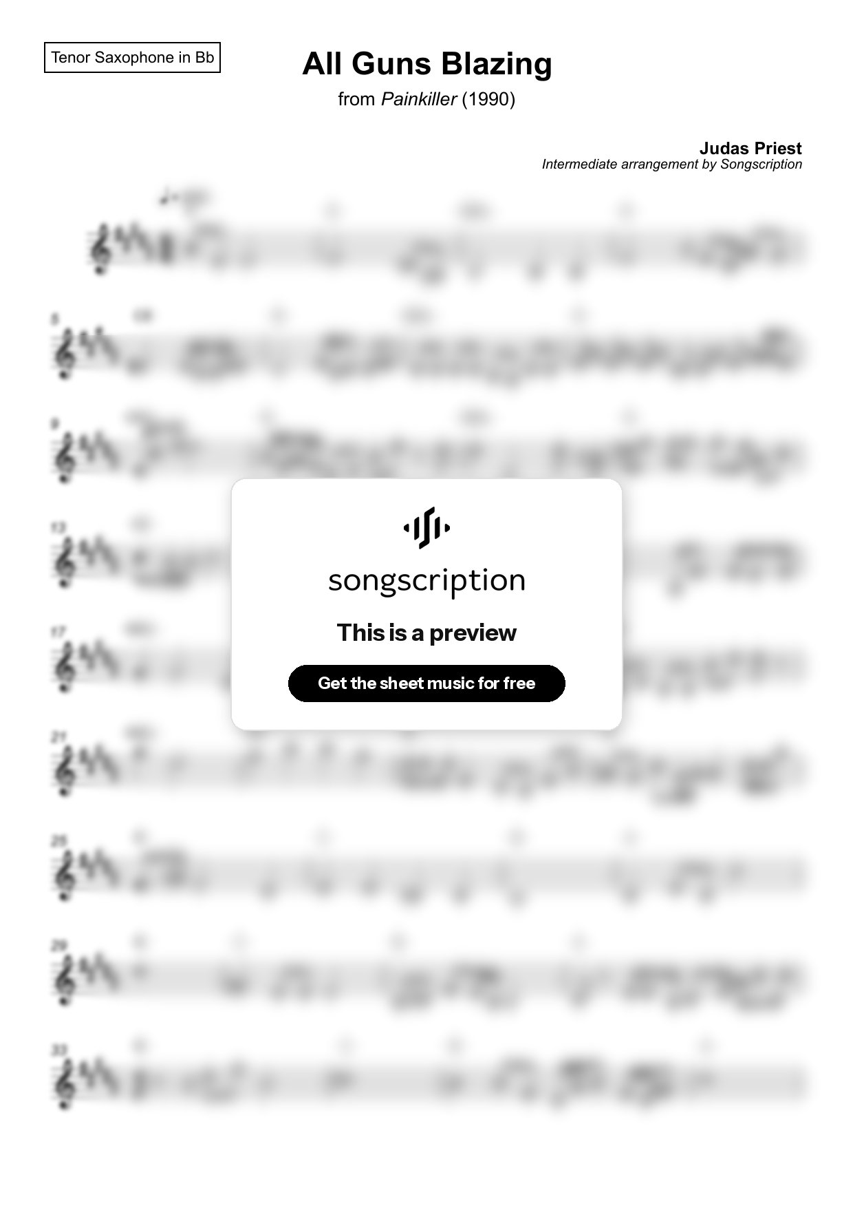 Intermediate Tenor Sax Sheet Music for "All Guns Blazing" by Judas Priest