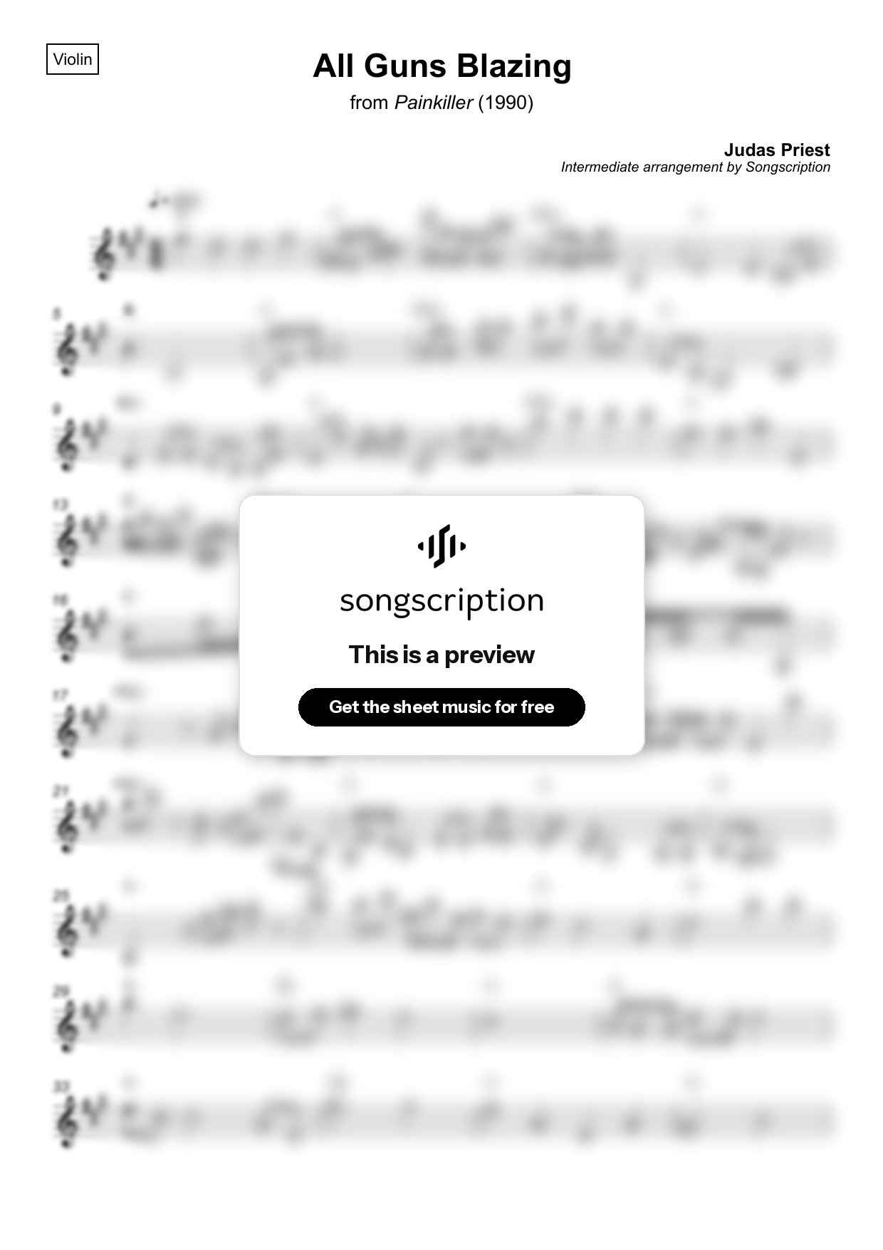 Intermediate Violin Sheet Music for "All Guns Blazing" by Judas Priest
