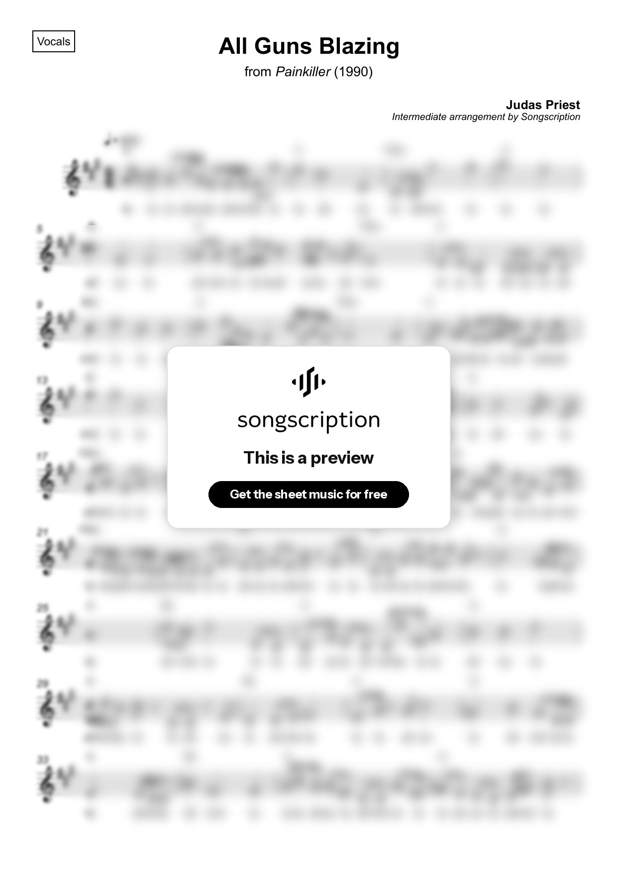 Intermediate Vocals Sheet Music for "All Guns Blazing" by Judas Priest