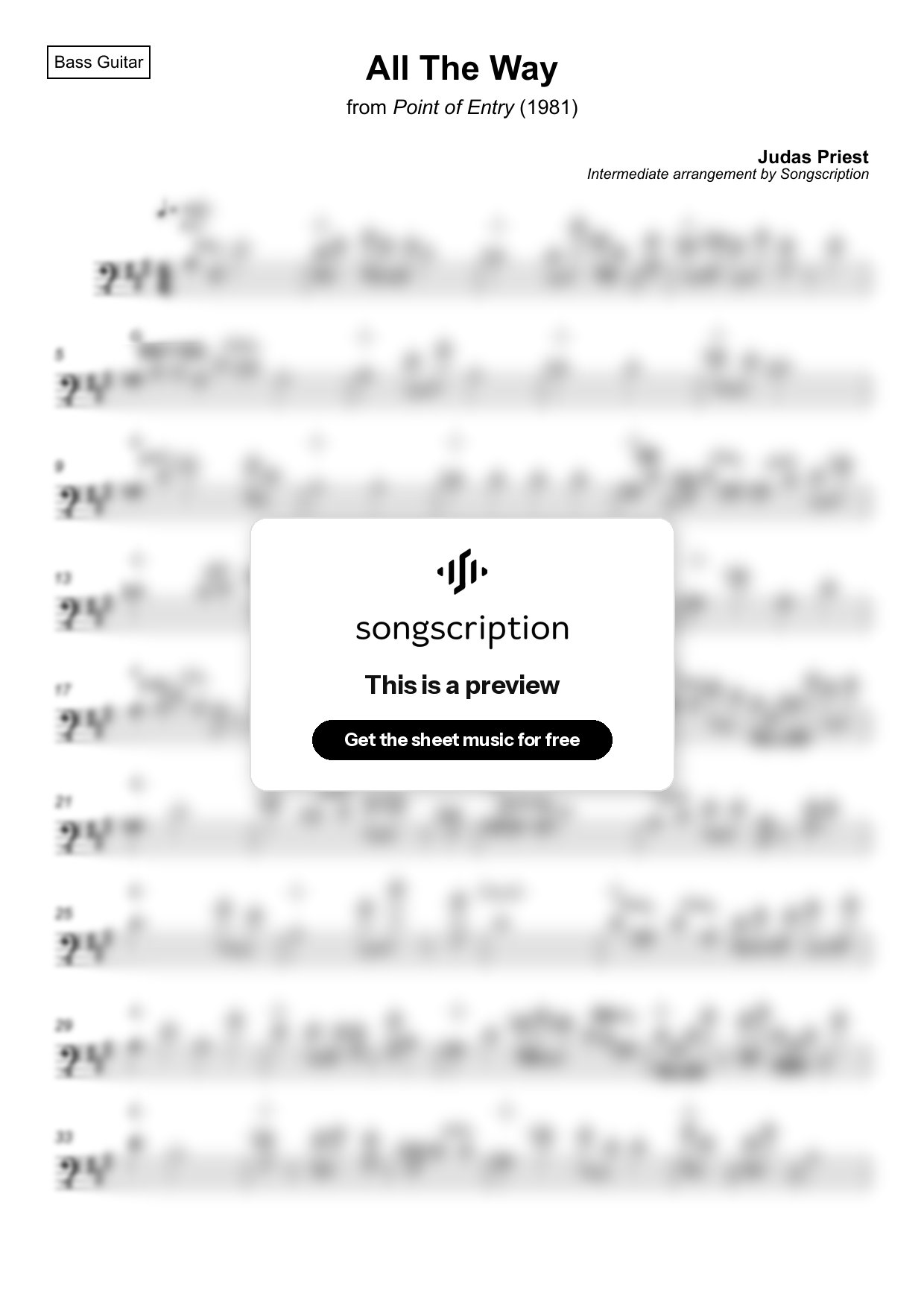 Intermediate Bass Guitar Sheet Music for "All The Way" by Judas Priest