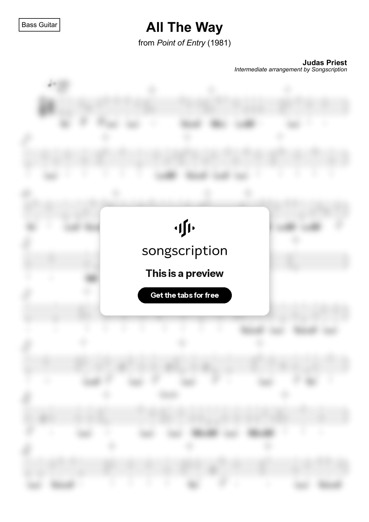 Intermediate Bass Guitar Tabs for "All The Way" by Judas Priest