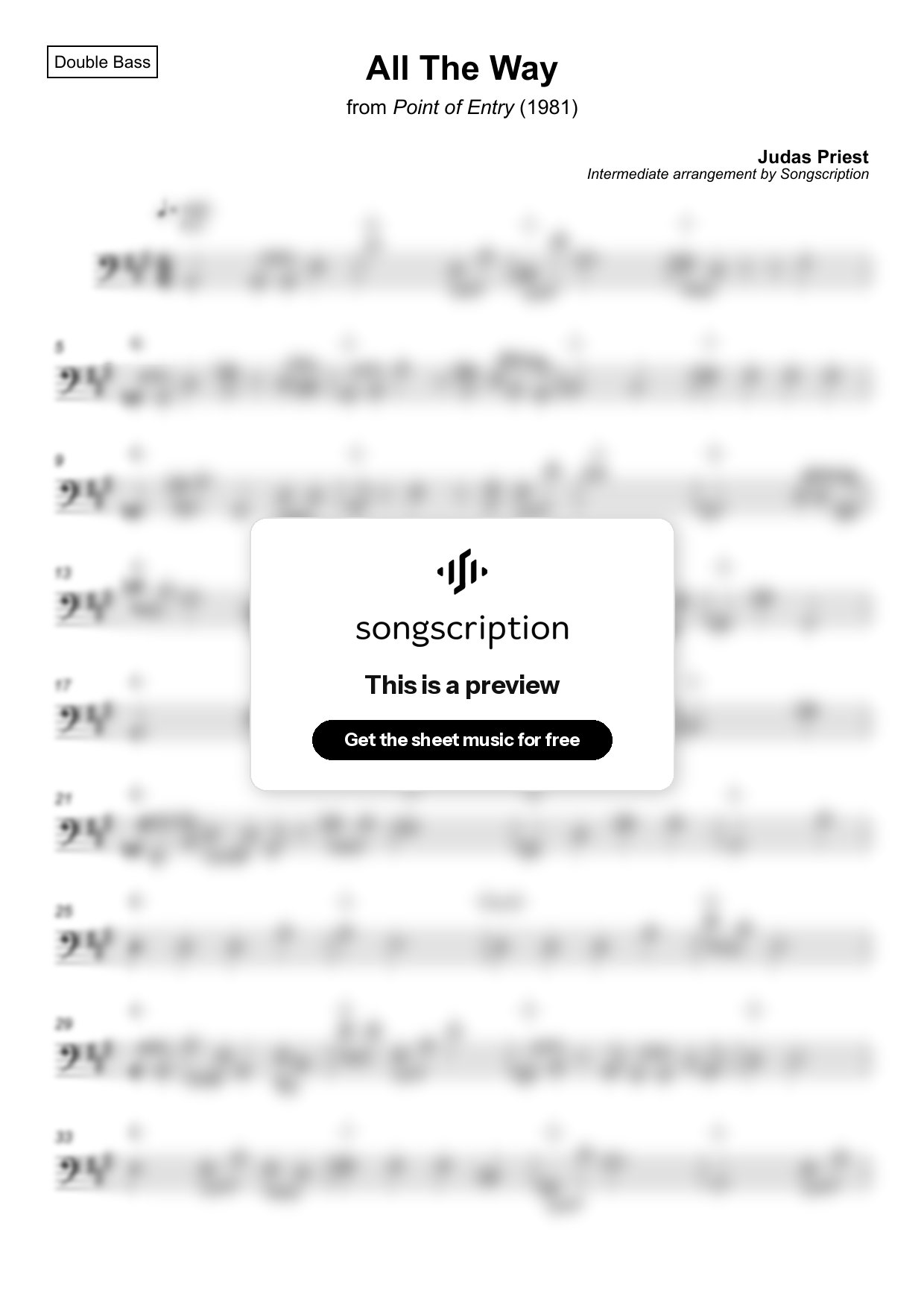 Intermediate Double Bass Sheet Music for "All The Way" by Judas Priest
