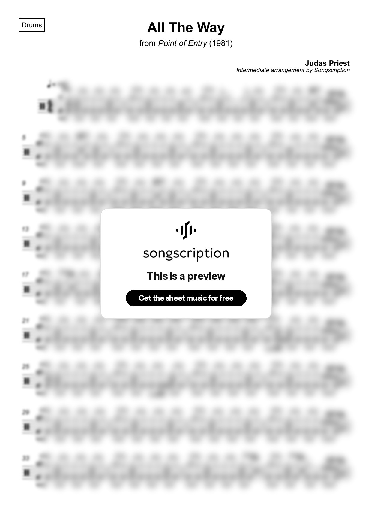 Intermediate Drums Sheet Music for "All The Way" by Judas Priest