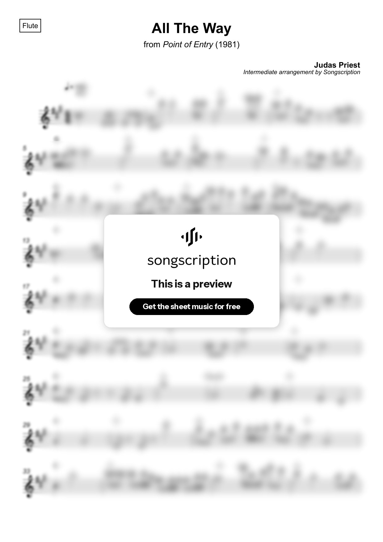 Intermediate Flute Sheet Music for "All The Way" by Judas Priest